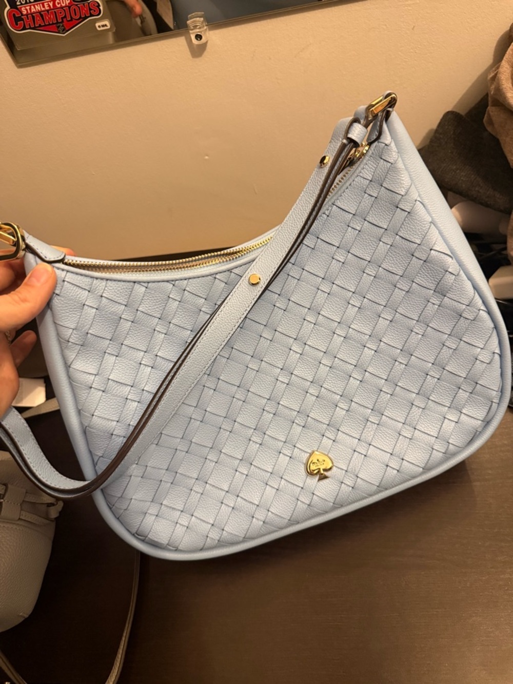 kate spade Light Blue Woven Shoulder Bag with Gold Heart Charm